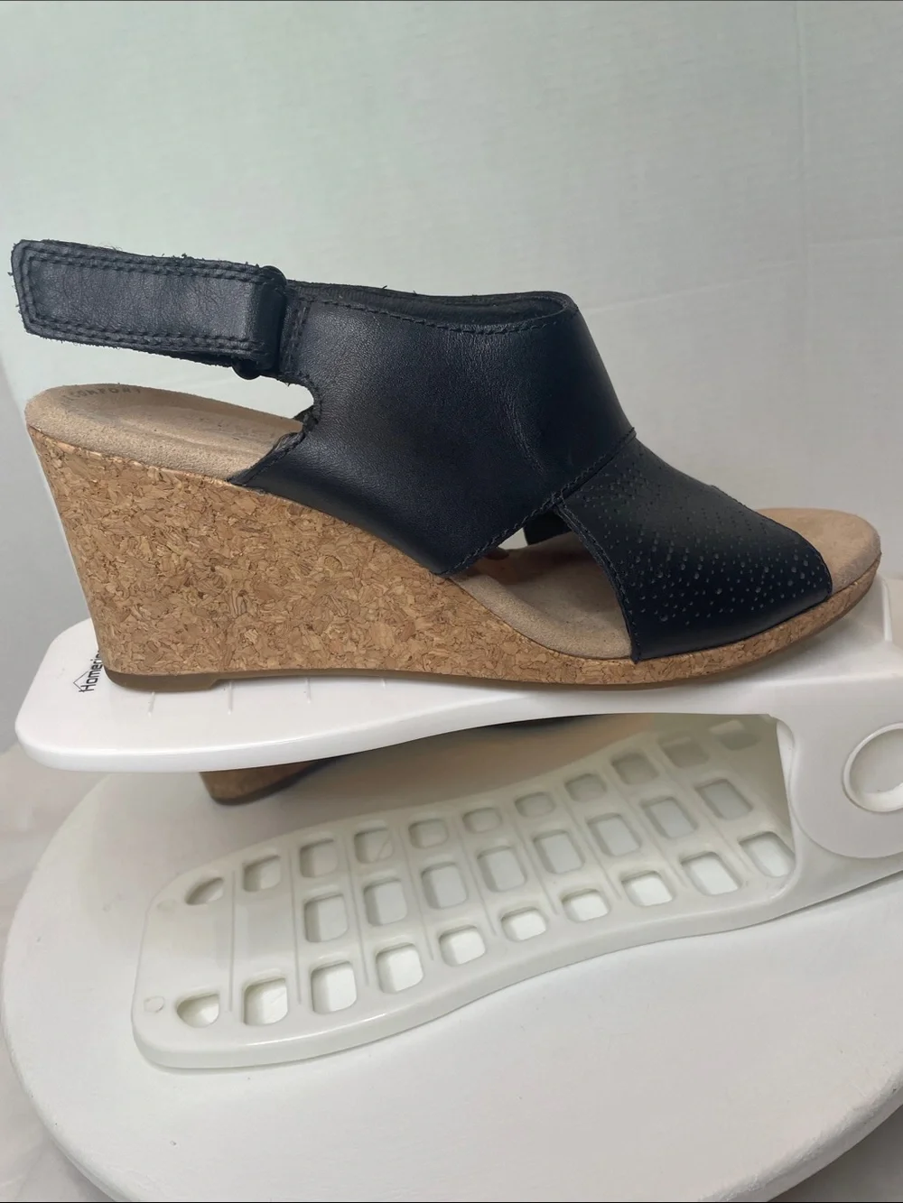 Clarks Black Leather Cork Wedge Slingback Sandals